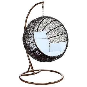 carry bird big boss wicker rattan wrought iron single seater swing chair with stand for adults  garden amp outdoor hammock swing with cushions for kids  teardrop swing hanging chair with curve iron stand  jhula  round shape  balconypatioindoorbackyardporchyardoutdoor furniture  black swing-white cushion
