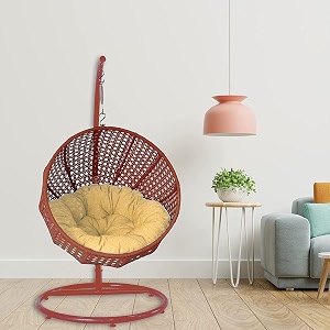 carry bird big boss wicker rattan wrought iron single seater swing chair with stand for adults  garden amp outdoor hammock swing with cushions for kids  teardrop swing hanging chair with curve iron stand  jhula  round shape  balconypatioindoorbackyardporchyardoutdoor furniture  red swing-beige cushion