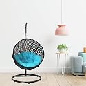 Carry Bird Big Boss Wicker Rattan Wrought Iron Single Seater Swing Chair With Stand For Adults | Garden &amp; Outdoor Hammock Swing With Cushions For Kids | Teardrop Swing Hanging Chair with Curve Iron Stand | Jhula | Round S