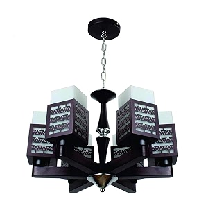 carsten 6 light square shaped unique design brownish color wooden and glass chandelier jhoomer ceiling light with bulb