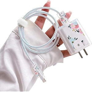 cartoon 3d design protective case for 18w 20w iphone 14 13 12 11 pro max fast charging cable adapter charger cute cartoon lightning data cable case for iphone charger white flowers