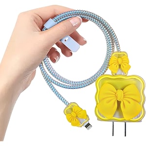 cartoon 3d design protective case for 18w 20w iphone 14 13 12 11 pro max fast charging cable adapter charger cute cartoon lightning data cable case for iphone charger yellow bow