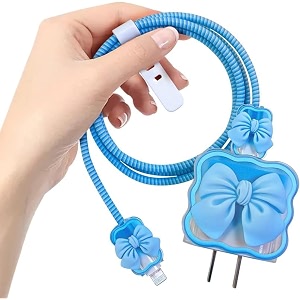 cartoon 3d design protective case for 18w 20w iphone 14 13 12 11 pro max fast charging cable adapter charger cute cartoon lightning data cable case for iphone charger blue bow