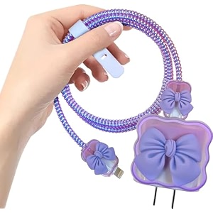 cartoon 3d design protective case for 18w 20w iphone 14 13 12 11 pro max fast charging cable adapter charger cute cartoon lightning data cable case for iphone charger purple bow