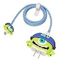 Cartoon 3D Design Protective Case for 18W 20W iPhone 14 13 12 11 Pro Max Fast Charging Cable Adapter Charger,Cute Cartoon Lightning Data Cable Case for iPhone Charger Blue Hat Monster