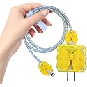 Cartoon 3D Design Protective Case for 18W 20W iPhone 14 13 12 11 Pro Max Fast Charging Cable Adapter Charger, Cute Cartoon Lightning Data Cable Case for iPhone Charger, Yellow Bow