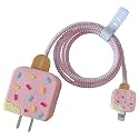 Cartoon 3D Design Protective Case for 18W 20W iPhone 14 13 12 11 Pro Max Fast Charging Cable Adapter Charger,Cute Cartoon Lightning Data Cable Case for iPhone Charger (Ice Cream Pink)