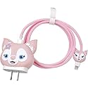 Cartoon 3D Design Protective Case for 18W 20W iPhone 14 13 12 11 Pro Max Fast Charging Cable Adapter Charger, Cute Cartoon Lightning Data Cable Case for iPhone Charger, Pink Lina