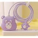 Cartoon 3D Design Protective Case for 18W 20W iPhone 14 13 12 11 Pro Max Fast Charging Cable Adapter Charger, Cute Cartoon Lightning Data Cable Case for iPhone Charger (Purple Bear)