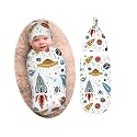 Cartoon Rocket Newborn Swaddle Blanket with Beanie Set, Soft and Stretchy Space Baby Stuff Receiving Blanket Swaddle Sack for Boy and Girl