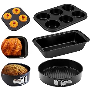casa azul 3-pcs non-stick bakeware set  muffin tray bread mould amp round cake tin for baking bpa free heavy-duty carbon steel pan microwave amp otg oven safe