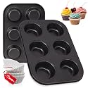 Casa Azul 2pcs 6-Cup Muffin Tray for Baking with 100 Muffin Liners, BPA Free Non-Stick Carbon Steel Cupcake Tray, 500°F Heat Resistant, Microwave &amp; OTG Oven Safe Cupcake Mould for Baking, Black