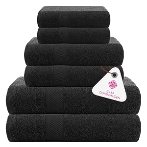 casa copenhagen denmark design -feather lite premium 212 collection 100 cotton 6 piece towel set includes 2 bath towels 2 hand towels 2 washcloths -black