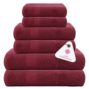casa copenhagen denmark design -feather lite premium 212 collection 100 cotton 6 piece towel set includes 2 bath towels 2 hand towels 2 washcloths -burgandy