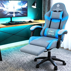 casa copenhagen high-back fabric gaming ergonomic chair with advanced mechanism amp electric back massager luxurious memory foam seating amp multi function arm-rest - grey amp denim blue