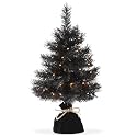 Casafield 2FT Pre-Lit Artificial Mini Christmas Tree, Black Tabletop Holiday Tree with White Lights and Velvet Bag Base