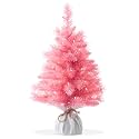 Casafield 2FT Pre-Lit Artificial Mini Christmas Tree, Pink Tabletop Holiday Tree with White Lights and Velvet Bag Base