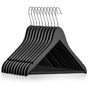 casafield - 10 black wooden suit hangers - premium lotus wood with notches amp chrome swivel hook for dress clothes coats jackets pants shirts skirts