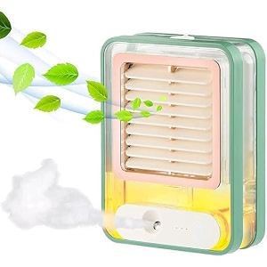 case plus mini usb air cooler with mist spray led night light adjustable speed - personal desk fan for office kitchen home multicolour mist fan -03