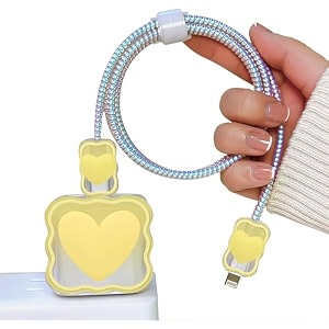 case for apple 20w iphone usb-c power adapter charger and usb lightning cable protector  3d heart design soft phone charging protective cover yellow heart
