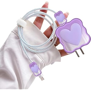 case for apple 20w iphone usb-c power adapter charger and usb lightning cable protector  3d heart design soft phone charging protective cover purple heart