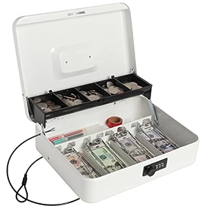 cash box with money tray and lock large money box for cash 5 compartments with cover 4 spring-loaded money safe with security cable black