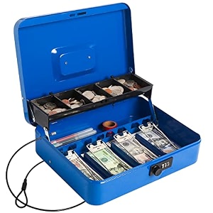 cash box with money tray and lock large money box for cash 5 compartments with cover 4 spring-loaded money safe with security cable black