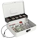 Cash Box with Money Tray and Lock, Large Money Box for Cash, 5 Compartments with Cover, 4 Spring-Loaded, Money Safe with Security Cable, Black