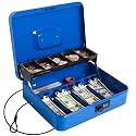 Cash Box with Money Tray and Lock, Large Money Box for Cash, 5 Compartments with Cover, 4 Spring-Loaded, Money Safe with Security Cable, Black