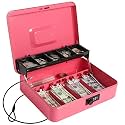 Cash Box with Money Tray and Lock, Large Money Box for Cash, 5 Compartments with Cover, 4 Spring-Loaded, Money Safe with Security Cable, Black