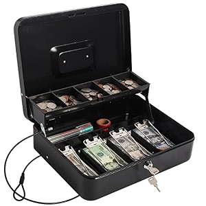 cash box with money tray and lock large money box for cash 5 compartments with cover 4 spring-loaded money safe with security cable black