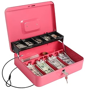 cash box with money tray and lock large money box for cash 5 compartments with cover 4 spring-loaded money safe with security cable black