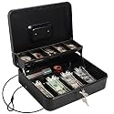 Cash Box with Money Tray and Lock, Large Money Box for Cash, 5 Compartments with Cover, 4 Spring-Loaded, Money Safe with Security Cable, Black