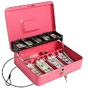 Cash Box with Money Tray and Lock, Large Money Box for Cash, 5 Compartments with Cover, 4 Spring-Loaded, Money Safe with Security Cable, Black