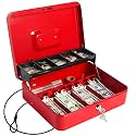 Cash Box with Money Tray and Lock, Large Money Box for Cash, 5 Compartments with Cover, 4 Spring-Loaded, Money Safe with Security Cable, Black