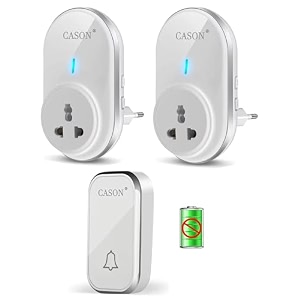 cason -2 receivers self-powered battery free wireless door bell for home long rangewireless calling bellremote bell with socket plug in typeup to 1000ft range white