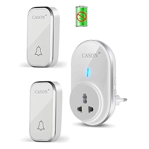 cason -2 receivers self-powered battery free wireless door bell for home long rangewireless calling bellremote bell with socket plug in typeup to 1000ft range white