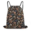 CASOWAT Boho Black Floral Drawstring Backpack, Lightweight Daypack for Men Women Fit Travel, Sports, Gym, Travel And Beach 16x14 IN
