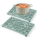 Cast Iron Trivets Metal Trivets with Rubber Feet for Hot Dishes Heat Resistant for Kitchen Cooktop and Dining Table Protection (Green Medium 2 Pack)