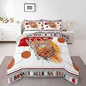 Castle Fairy Basketball Bedding Sets Full Size,Boys Ball Sports Games Reversible Down Comforter Breathable Polyester Quilt Set,White Court Red Hoop Orange Duvet Insert,2 Pillowcases
