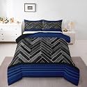 Castle Fairy Blue Stripes Full Size Comforter Set,Gray Black Rectangle Patchwork Reversible Bedding Set Bedroom Collection,Vintage Lines Geometric Soft Quilted Duvet for Girls Teens
