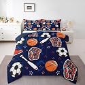 Castle Fairy Boys Sports Games Kids Comforter Set Twin Size,Basketball Football Baseball Reversible Bedding Set for Teens Bedroom,Rugby Stars Shoes Dark Blue Quilted Duvet with 1 Pillowcase