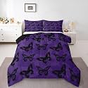 Castle Fairy Butterfly Kids Comforter Set King Size,Retro Butterflies Silhouette Animal Reversible Bedding Set All Season Quilt,Gothic Style Purple Black Microfiber Polyester Down Comforter