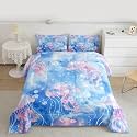 Castle Fairy Cartoon Jellyfish Bedding Set Queen Size Sea Animal Marine Life Comforter Boys Girls Bedroom Decor Aquatic Animals Comforter Set Blue Purple 3Pcs Quilt Set,2 Pillowcase