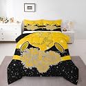 Castle Fairy Cheerleader Bedding Sets Full Size,Cheerleading Glitter Yellow Black Reversible Down Comforter Breathable Polyester Quilt Set,Girly Cheerleading Dance Duvet Insert,2 Pillowcases