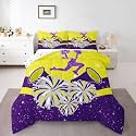 Castle Fairy Cheerleader Full Size Comforter Set,Cheerleading Glitter Yellow Purple Reversible Bedding Set Bedroom Collection,Girly Cheerleading Dance Soft Quilted Duvet for Girls Teens