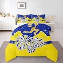 Castle Fairy Cheerleader Kids Comforter Set King Size,Cheerleading Glitter Blue Yellow Yellow Reversible Bedding Set All Season Quilt,Girly Cheerleading Dance Microfiber Polyester Down Comforter