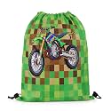 Castle Fairy Cool Motorcycle Drawstring Backpack 13"X23",Pixelated Geometric Grid Water Resistant Beach Bag,Miners Gamepad String Bag for Shopping Yoga,Brown Green Sackpack for Gym Sports