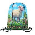 Castle Fairy Cute Sheep Waterproof Drawstring Backpack,Pixel Style Farm Animals Drawstring Bag,Colorful Floral Geometric Games String Bag for Gym Shopping Sport Yoga