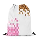 Castle Fairy Game Pixelated Theme Drawstring Backpack 13"X20",Patchwork Grid Water Resistant Beach Bag,Video Games String Bag for Shopping Yoga,Pink Brown Sackpack for Gym Sports
